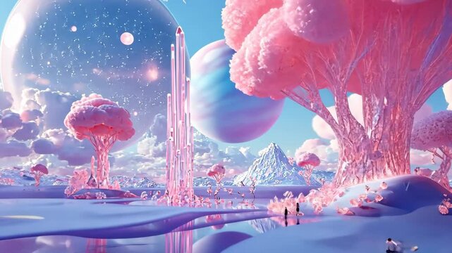 Pink Pastel Surreal Alien Planet Landscape With Crystal Trees And Reflective Water