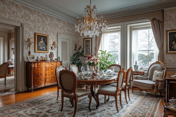 Fototapeta premium Elegant dining room with vintage decor and chandelier in a historic home during a winter afternoon
