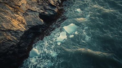 Naklejka premium Aerial view of rocks and ocean waves capturing the beauty of nature. The interplay of land and sea creates stunning visuals. Explore oceanic tranquility. Generative AI