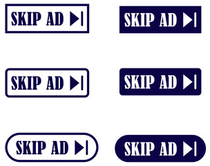 Skip ad button icon set collection. Online ad skip interface. Digital skip ad button. Rectangular skip ad icon. Play symbol skip ad button. Online streaming skip ad button. Vector illustration