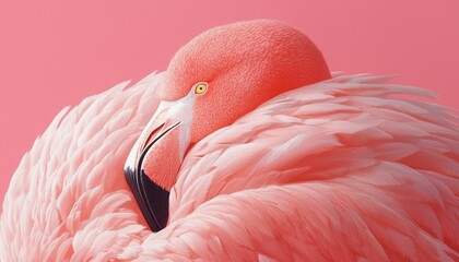 Fototapeta premium Close-up of a flamingo resting its head on its body on pink background