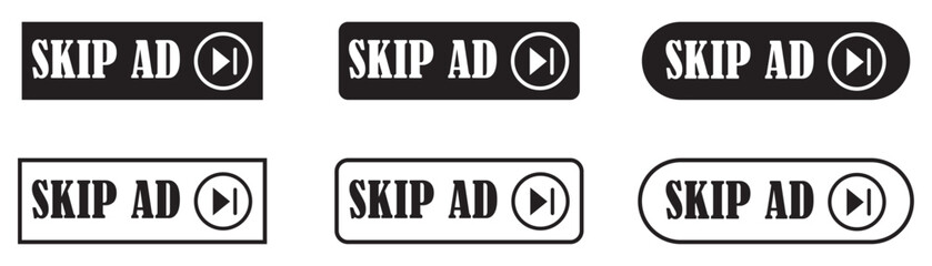 Fototapeta premium Skip ad buttons set sign symbol collection set. Modern skip ad interface. Advertisement skip button. Fast forward skip button. Video streaming skip button. Vector illustration