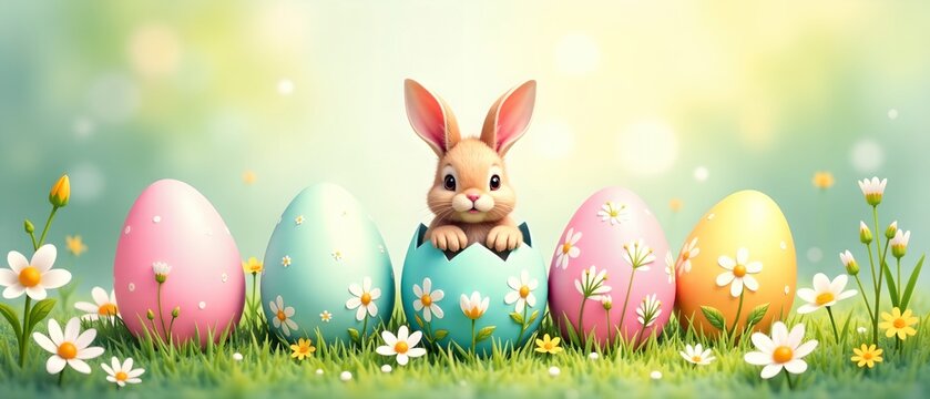 Easter bunny is sitting in an open egg in a field of flowers