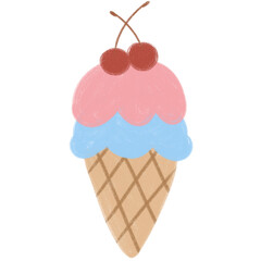 Cartoon illustration of adorable colorful ice cream with strawberry and bubble gum flavors, with two red cherries added on top, PNG format