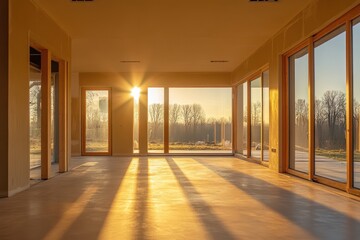 Obraz premium Sunlight streaming through large windows in a modern unfinished room