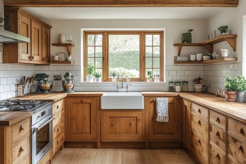 Fototapeta premium Rustic kitchen with wooden cabinets and a large window overlooking a lush garden