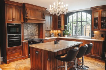 Elegant kitchen design featuring wooden cabinetry and modern appliances with a spacious island and natural light streaming in