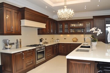 Fototapeta premium Elegant modern kitchen with dark wood cabinetry and luxurious finishes in a spacious home design