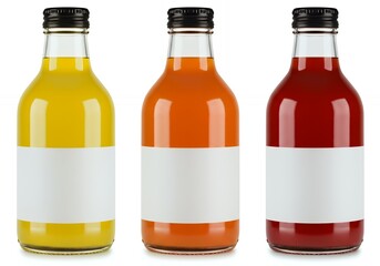 Three Glass Bottles of Colorful Juice with Blank Labels