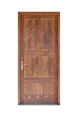 Isolated, transparent rustic wooden interior door with a simple yet warm design, slightly aged,...