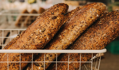 Close-up of grain bread. Concept of healthy eating and traditional bakery