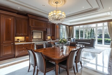 Fototapeta premium Elegant dining room interior with wooden furnishings and large windows overlooking greenery