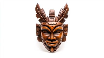 Wooden tribal mask with intricate carvings and feathers against a white background. Generative AI