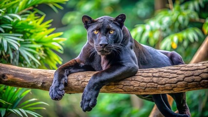Obraz premium Majestic Black Panther Resting on a Tree Branch in Lush Greenery