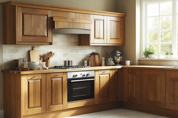 Modern kitchen interior featuring wooden cabinets, stainless steel appliances, and natural light streaming in