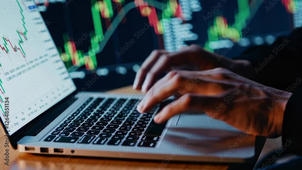 Aufkleber financial analyst working on laptop with candlestick charts displayed on multiple screens in backgro