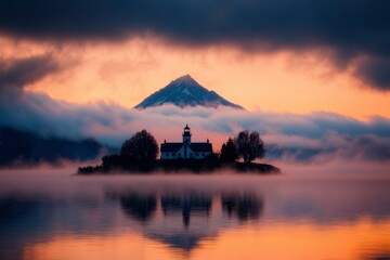 Serene lighthouse island view against a misty mountain backdrop at sunrise