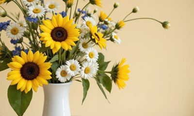 Obraz premium Graduation Triumph (Sunflowers Daisies Irises) tall, fluted vase with crystal-clear water, holding a celebratory mix of bright yellow