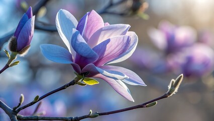 Magnolia Blossom in Spring: A vibrant magnolia flower in shades of pink and blue, gracefully unfurling its petals against a backdrop of budding branches, a symbol of rebirth and beauty in spring.