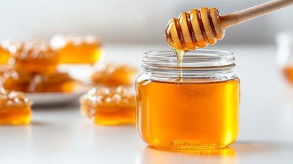 Fresh Golden Honey Being Poured from a Wooden Spoon into a Jar. Generative AI