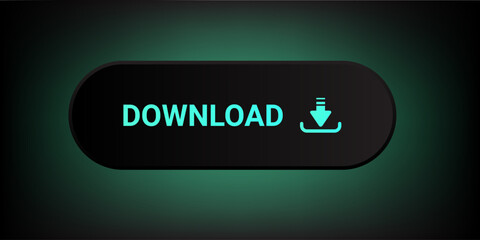 Download button, Black badge and green gradient text glow color icon, Typography with arrow down icon . for website or application to download files, vector isolated on dark background