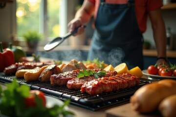 A person expertly grills savory marinated meat cuts on a hot grill, creating a mouthwatering aroma, surrounded by fresh vegetables and ready-to-eat side dishes.