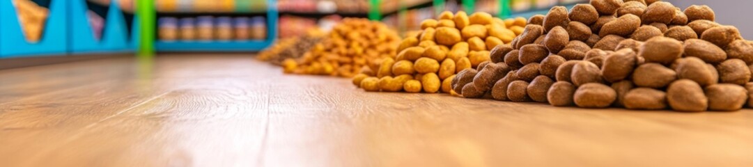 Fototapeta premium Various nuts arranged in piles on a wooden floor in a store aisle. Generative AI