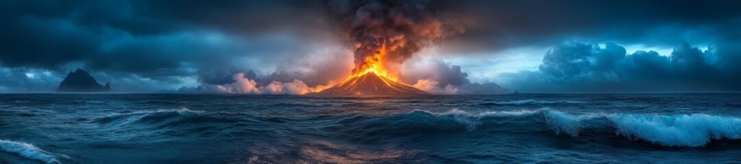 Fototapeta premium Volcanic Eruption Exploding into the Ocean Under Dark Clouds. Generative AI