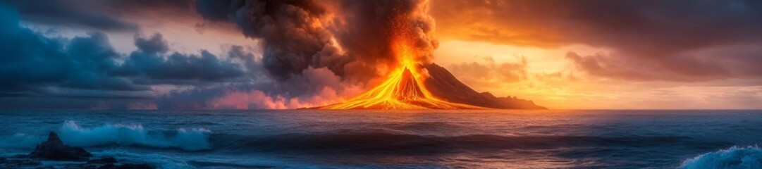 Fototapeta premium Majestic Eruption of Volcano at Sunset Over the Ocean. Generative AI