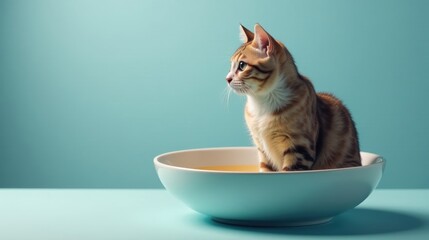 A Curious Kitten Perched Inside a Pale Blue Bowl Filled with a Golden Liquid, Gazing Intently to the Side Against a Serene Aqua Background