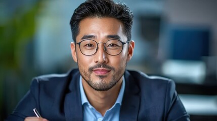 Thoughtful and Focused Asian Business Executive Wearing Suit and Glasses Sitting in Corporate Office Environment