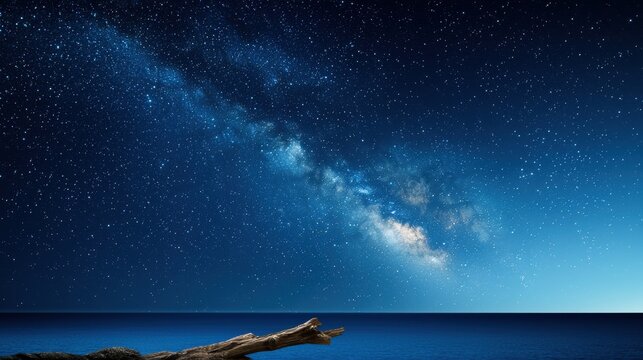 Tree trunk on a beach under a clear starry sky with ocean waves in the background