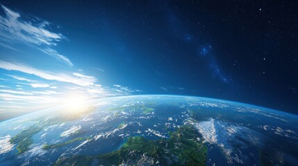 Aerial view of earth from space showcasing the planets surface and atmosphere with visible landmasses and clouds