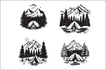 Minimalist Camping Logo Set Vector Line Art Illustrations Outdoor Adventure Camping Logo Set in Clean Line Art Style Modern Camping Logo Vector Pack Outline and Line Art Designs