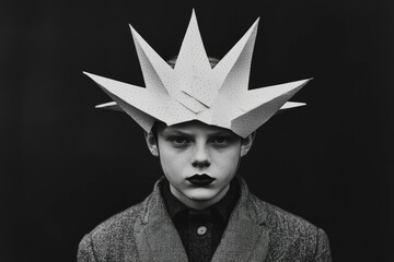 Boy posing with paper crown for portrait in dark background used in editorial