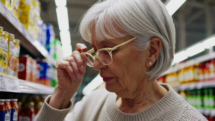 Senior woman carefully selecting groceries, wearing glasses while browsing supermarket shelves with intentional slow motion effect, showcasing mature consumer lifestyle
