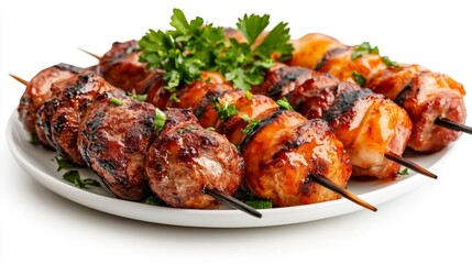 Grilled Chicken Skewers with Fresh Green Garnish. Generative AI