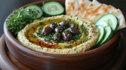 Delicious Hummus with Olives Fresh Herbs and Pita Bread. Generative AI