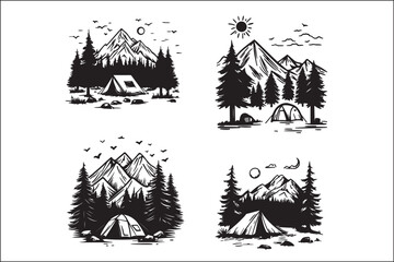 Minimalist Camping Logo Set Vector Line Art Illustrations Outdoor Adventure Camping Logo Set in Clean Line Art Style Modern Camping Logo Vector Pack Outline and Line Art Designs