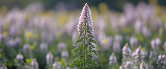 Obraz premium Close-up of a single blooming flower standing tall in a blurred field of flowers with soft pastel colors and a natural background Copy Space