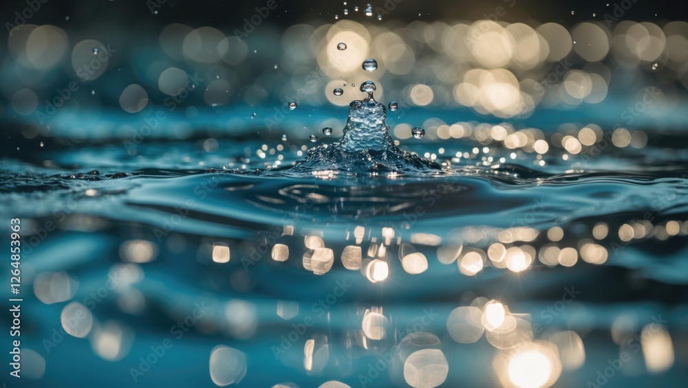 Poster water droplets splashing on a surface with bokeh effect in soft focus background and copy space for 
