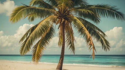 Tropical palm tree on sandy beach with calm turquoise ocean and fluffy clouds in background ideal for travel or vacation themes Copy Space