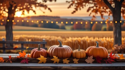 Cozy autumn festival scene with pumpkins, fall leaves, string lights, and a sunset sky, creating a warm Thanksgiving ambiance.