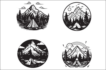 Minimalist Camping Logo Set Vector Line Art Illustrations Outdoor Adventure Camping Logo Set in Clean Line Art Style Modern Camping Logo Vector Pack Outline and Line Art Designs