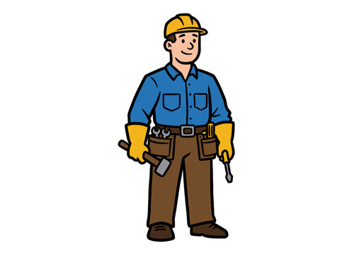 recommend clip art: Handy man clip art. A handyman wearing a blue shirt, brown pants, yellow gloves, and a yellow hard hat, holding tools. Vector illustration design.