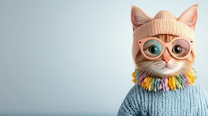 Whimsical and Playful Cat Wearing Festive Knitted Accessories   A charming and quirky portrait of a cat dressed in a cozy knitted hat and scarf