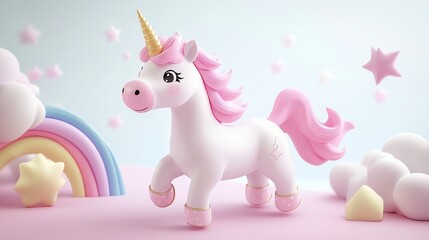 Adorable Unicorn Toy with Pink Mane and Rainbow Background Scene