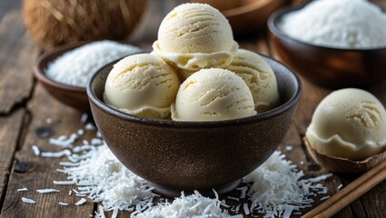 Fototapeta premium Coconut ice cream scoops in a dark bowl surrounded by shredded coconut on wooden background with copy space available