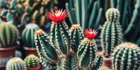 Cacti with vibrant red flowers in a collection of various cactus species in pots with blurred background Copy Space
