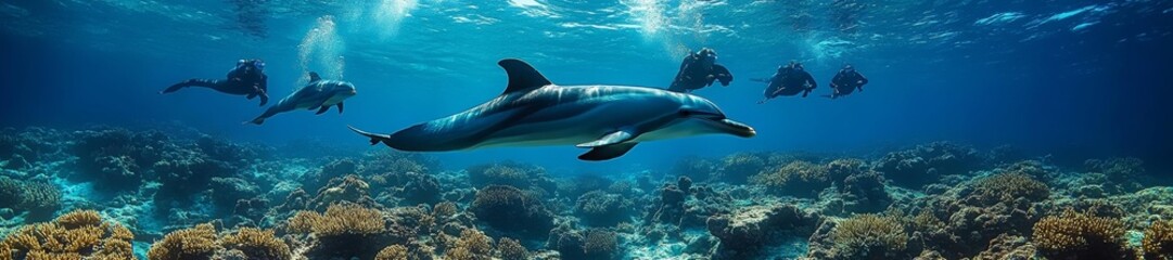 Dolphins swimming with divers in crystal-clear underwater ocean scene. Generative AI